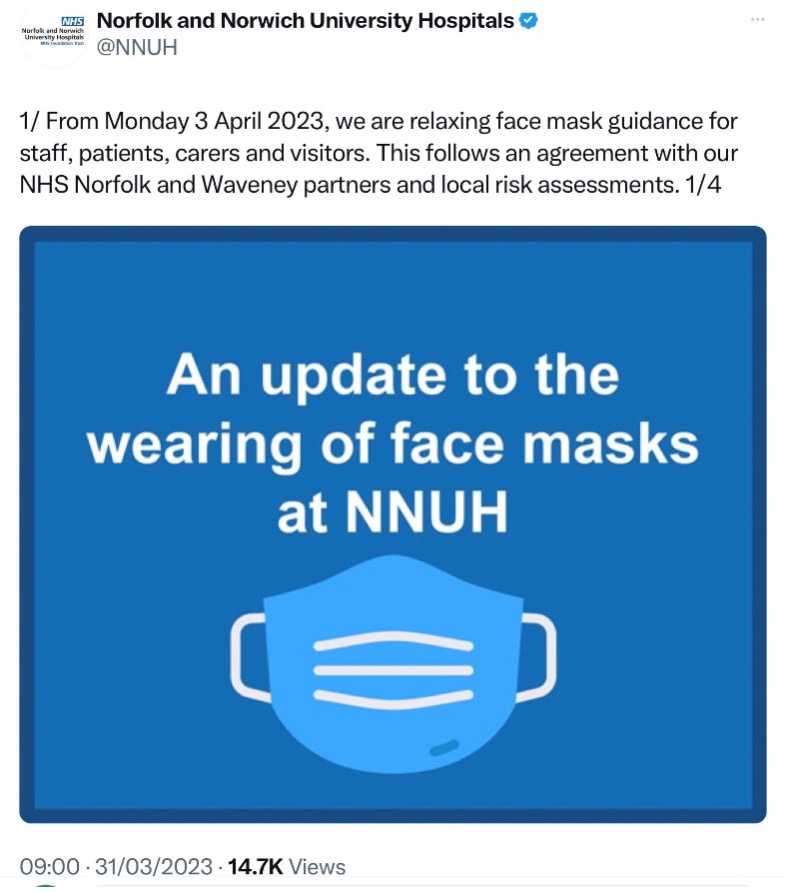 From Monday 3rd April, we are relaxing face mask guidance for staff, patients, carers and visitors. The follows an agreement with our NHS Norfolk and Waveney partners and a local risk assessments. 1/4An update to the wearing of face masks at NNUH.