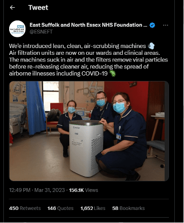 We've introduced lean, clean, air-scrubbing machines. Air filtration units are now on our wards and clinical areas. The machines suck in air and the filters remove viral particles before re-releasing cleaner air, reducing the spread of airborne illnesses including Covid-19.