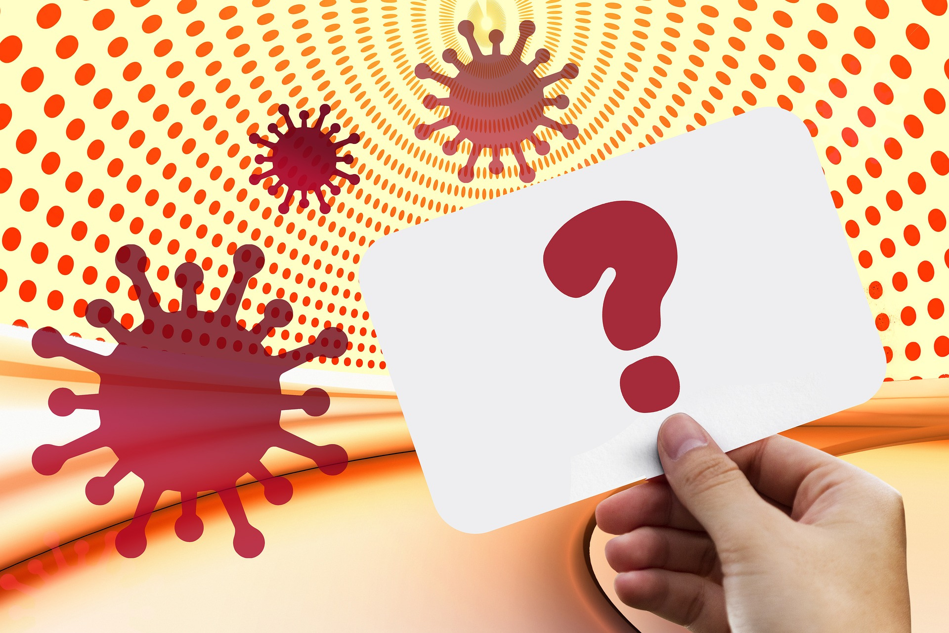 Covid bugs and someone holding up a card with a question mark on