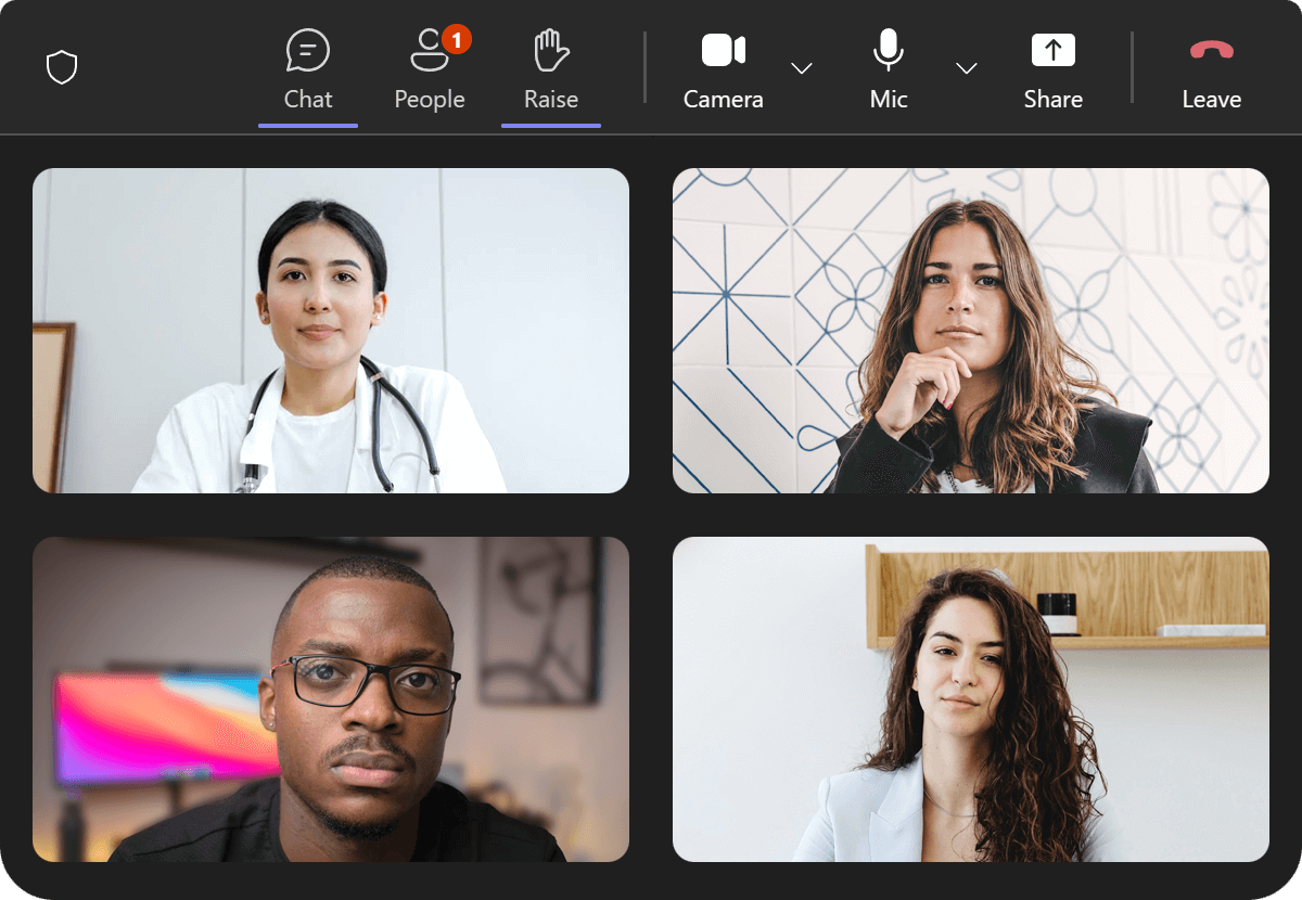 Image of a software interface showing four serious-looking people communicating on a video call
