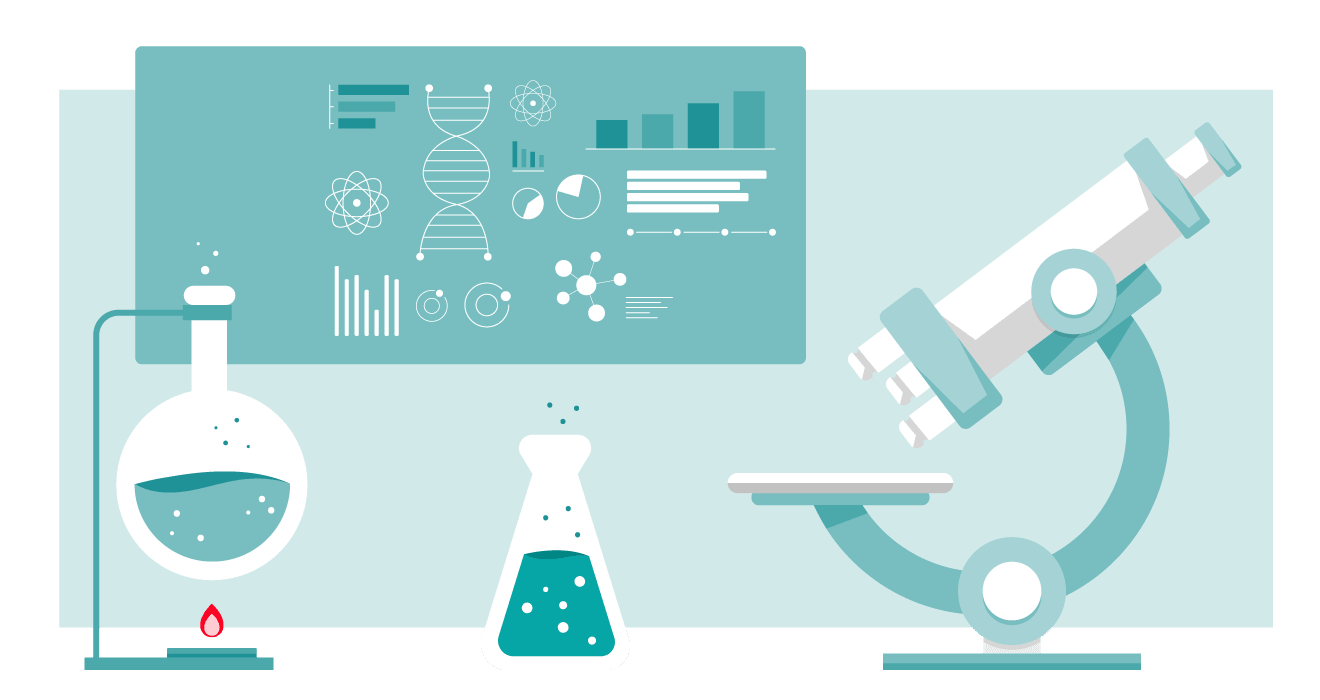 Vector Illustration depicting research materials including test tubes, an information chart and a microscope