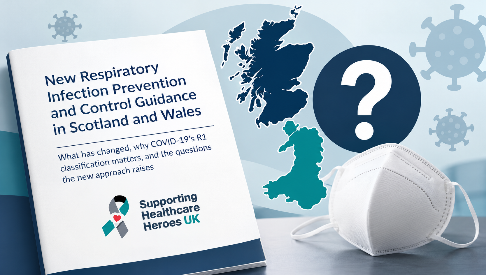 SHH-UK graphic showing its booklet on new respiratory infection prevention and control guidance in Scotland and Wales, alongside a UK map, respirator and question mark highlighting concerns about COVID-19’s R1 classification.